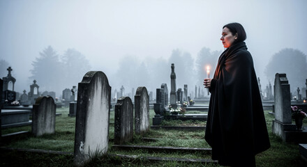 A solemn woman in a black cloak holds a candle in a foggy cemetery. Grief and remembrance on All Souls' Day. Spooky graveyard scene with copy space