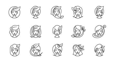 Set of 15 stylized female faces with leaf motifs, presented as clean white line art icons on a black background, perfect for beauty, wellness, and natural product branding, conveying elegance and