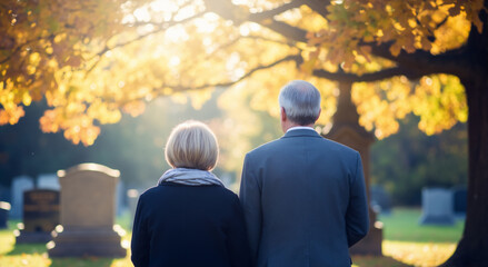 Elderly couple mourning in a cemetery from behind. Seniors visiting a grave on a sunny autumn day. Grief and remembrance concept for All Souls' Day