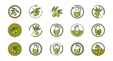 Set of stylized olive oil icons and logos, featuring olive branches with olives and olive oil jugs, presented in a circular design with a clean, modern aesthetic, perfect for branding and