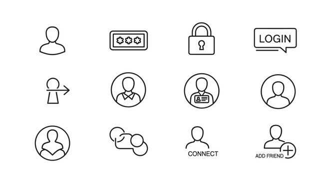 User account icon set featuring profile, password, login, username, avatar, connect, add friend, and more. Solid vector icons collection for digital interfaces, representing authentication
