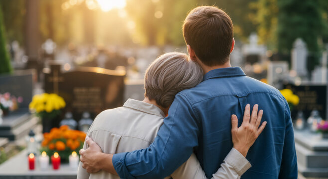 Grieving son and senior mother embracing in a cemetery. Family support during loss and bereavement. All Souls' Day remembrance - Powered by Adobe