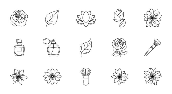 Set of elegant line art icons representing beauty and floral elements, including roses, lotus flowers, perfume bottles, makeup brushes, and leaves, perfect for branding, logos, and design projects - Powered by Adobe