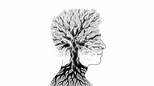 Silhouette of a human head filled with a tree growing from the brain, a hand drawing the tree with a pen, symbolizing creativity and the mind