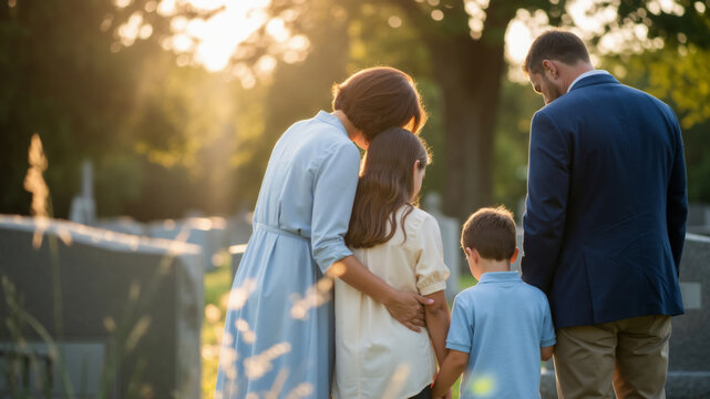 A grieving family visiting a grave in a cemetery at sunset. Parents and children remembering a loved one. Loss and mourning concept for All Souls' Day