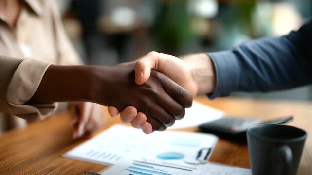 A young woman and a Black man shake hands firmly over a stack of contract papers financial charts scattered across a polished wooden desk a calculator and a coffee mug nearby