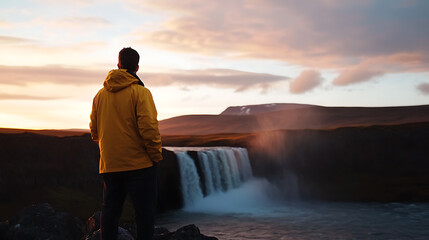 A lone traveler in a yellow jacket stands before a majestic waterfall at sunset, contemplating nature's grandeur. He is lost in the beauty and wonder of the scenic view.