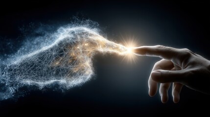 人間の指が光とネットワークで構成された抽象的なデジタル要素に触れる瞬間 | Human finger touching abstract digital element composed of light and network on dark background