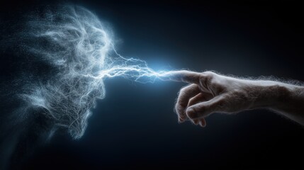 暗い背景で人間の指先と粒子状のエネルギー体へ稲妻が接触している様子 | Human fingertip touching an abstract particle form with an electric spark against a dark background