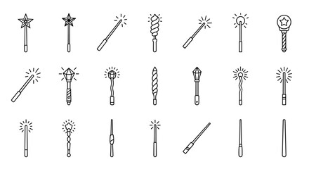 Naklejka premium Collection of outline magic wands and scepters, simple linear vector illustrations with editable stroke, suitable for web, books, cards, and apps, cartoon style, representing fantasy, power, and