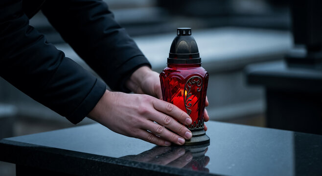 Man placing a red grave lantern on a tombstone in a cemetery. All Souls' Day remembrance and mourning concept