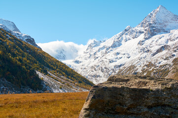 A stunning contrast in Gwandra where snow-capped peaks pierce the blue sky while the foreground valley blazes with autumn's golden embrace.