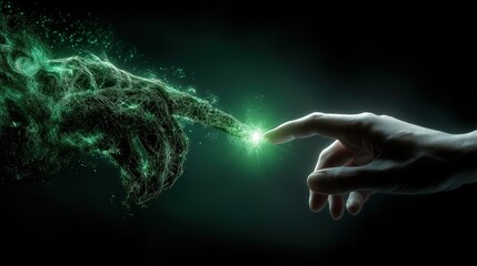 人間の指が緑色に光るデジタルの手と暗闇の中で触れ合おうとしている瞬間 | Human finger touching glowing green digital hand in the dark space