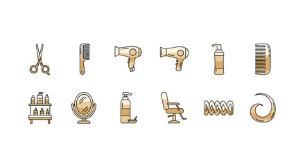 Golden gradient set of icons for a hair salon, including scissors, combs, hair dryers, bottles of shampoo and conditioner, a mirror, a barber chair, and hair styling elements, presented on a black