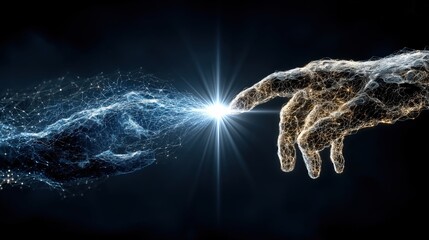 データネットワーク構造の二つの手が暗い背景の中央の光に触れる様子 | Two conceptual hands made of glowing particles touching light in the center over a dark background
