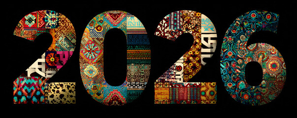 2026 year number composed of colorful abstract patchwork patterns
