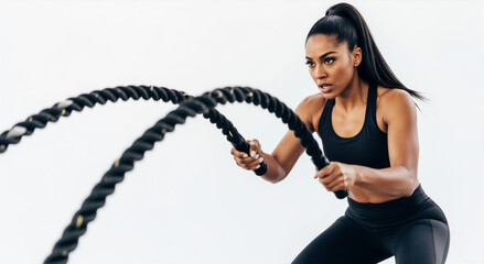 Determined woman in a powerful workout with battle ropes. Athletic female in black sportswear during intense strength training. Fitness and motivation concept