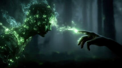 暗い森の中で、光る植物に覆われた人型の存在が、差し伸べられた指先から発せられる緑のエネルギーと接触する瞬間 | A humanoid figure covered in glowing green flora touches the light energy emitted from an outstretched fingertip in a dark forest.