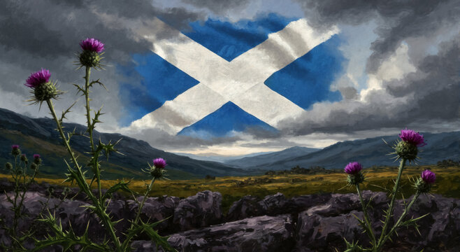 The Scottish flag Saltire in a stormy sky over the highlands. A patriotic painting with national thistle flowers for St. Andrew's Day