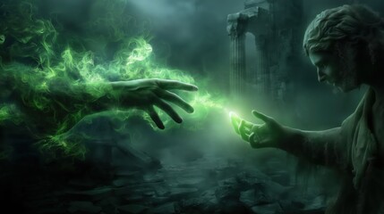 廃墟の遺跡で緑色の魔法のエネルギーを交換しようとする二つの手のクローズアップ | Close-up of two hands attempting to exchange green magical energy amidst ancient ruins