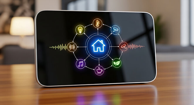 Vector smart home device with glowing icons