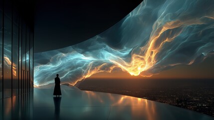 高層ビルの展望テラスから夕焼けに輝く幻想的な光の雲を眺める人物のシルエット | Silhouette of a person viewing fantastic glowing light clouds over a city skyline from a high-rise observation terrace
