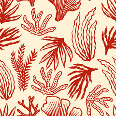 Corals and seaweed seamless pattern. Abstract Botanical Illustration. Underwater sea plants and flora. Hand Drawn 