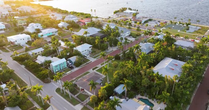Aerial view of Punta Gorda, historical coastal city in Florida. Southern American architecture with narrow streets and old buildings.