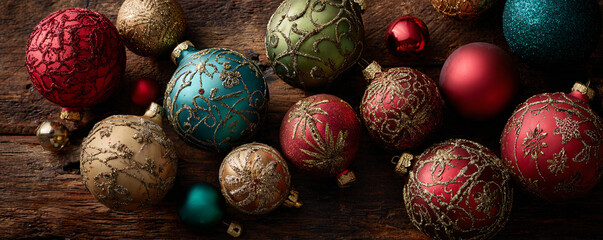 Decorative christmas baubles with glitter designs on rustic wooden background