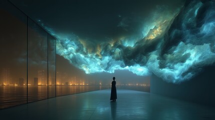 高層ビルの窓から夜景を眺める一人の人物と、天井に広がる青く光る幻想的な雲 | Silhouette of a person gazing at the city night view from a large window under massive glowing turquoise clouds