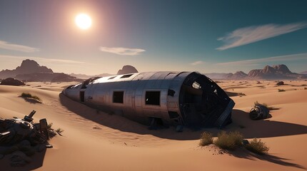 A spaceship wreck with metallic hull and shattered windows half-buried in vast desert dunes of a barren planet with rocky outcrops, twin suns in the sky casting long shadows.
