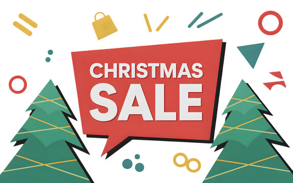 Christmas sale announcement with festive trees and geometric shapes, isolated on transparent background