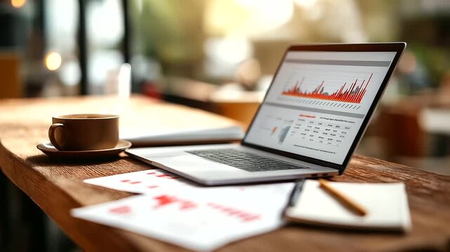 A laptop with a business analytics dashboard sits on a wooden desk joined by printed documents with red annotations a pen a notebook and a ceramic coffee cup top view of a bus