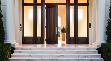 Front entrance of a grand luxury home featuring a tall pivot door with a rich black oak finish, accompanied by large glass side panels that allow an abundance of soft diffused daylight.