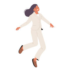 Happy businesswoman cartoon character feeling joy and motivation jumping up high isolated on white