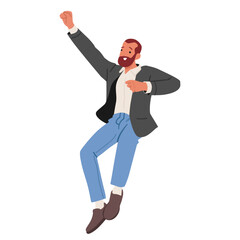Mature businessman cartoon character confidently jumping up raising fist in air isolated on white