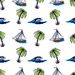 Nautical marine elements with wave, dolphin sea creatures, palm, lighthouse.Coral, seashell, lobster. Hand drawn elements for summer vacation.