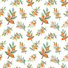 Watercolor seamless pattern with sea buckthorn branches and berries. Autumn theme, warm golden and orange tones, natural vitamin-rich berries, cozy seasonal design, isolated on white background vector
