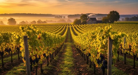Fototapeta premium Sunset over lush vineyard rows with distant farmhouse and rolling hills