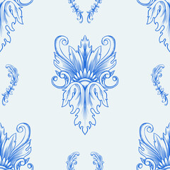Vintage Baroque or renaissance Seamless pattern hand drawn Victorian set of ornament floral elements engraved retro flower decorative design heraldic swirls.
