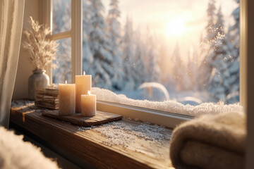 Cozy winter scene with candles and a snowy view during sunset