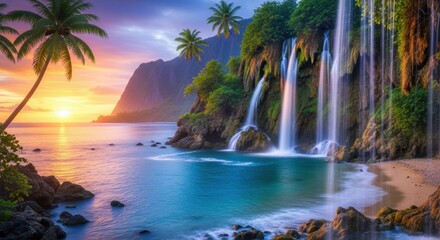 Tropical paradise waterfall at sunset with lush greenery and ocean views
