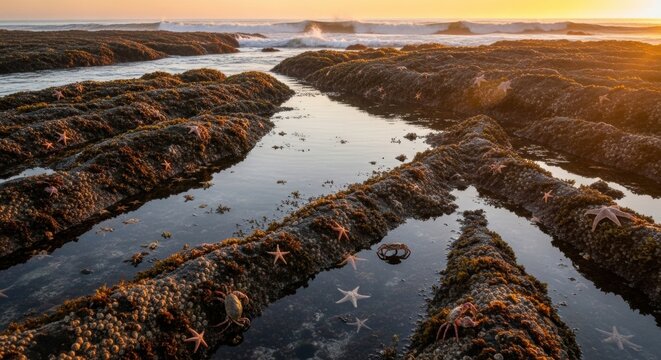 Scenic tide pools at sunset with starfish and waves on rocky coastline