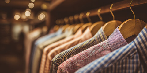 Stylish shirts arranged on wooden hangers in a modern clothing store during evening hours