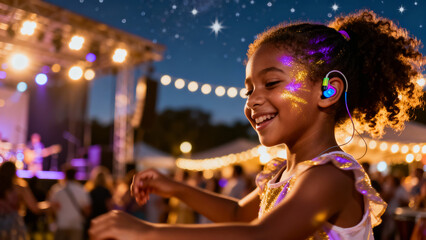 Afro-American girl with hearing aids dancing, an inclusive celebration moment, creating an atmosphere of joyful expression and empowered diversity.