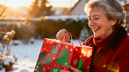 German grandmother holding gift bag, a thoughtful family moment, creating an atmosphere of practical love and cultural tradition.