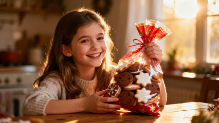 Girl holding bag of homemade cookies, a heartwarming gift moment, creating an atmosphere of sweet generosity and handmade care.