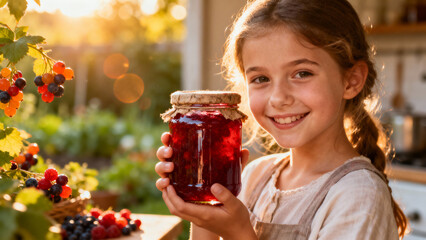 Girl holding jar of homemade jam, a wholesome preserving moment, creating an atmosphere of rustic charm and artisanal craftsmanship.