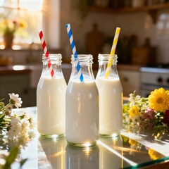 Glass milk bottles with paper straws, a nostalgic beverage presentation, creating an atmosphere of retro charm and sustainable simplicity.