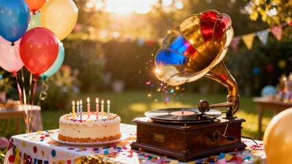 Gramophone playing at birthday party, a vintage musical ambiance, creating an atmosphere of nostalgic elegance and timeless celebration.